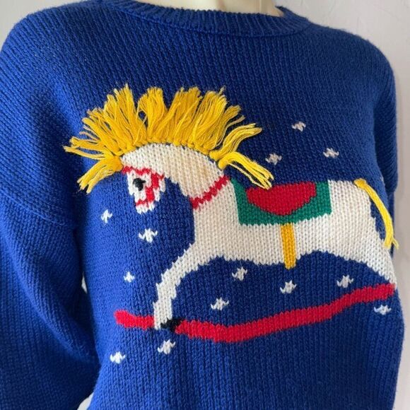 Vintage 80’s Blue Novelty Rocking Horse Knit Sweater Size Large - Picture 8 of 11